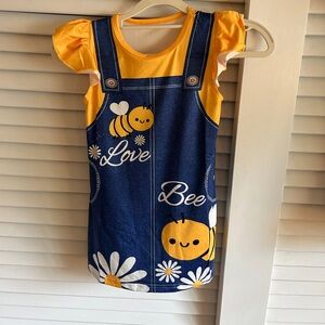 New Yellow and Blue Bee Print Attached Denim Dress
